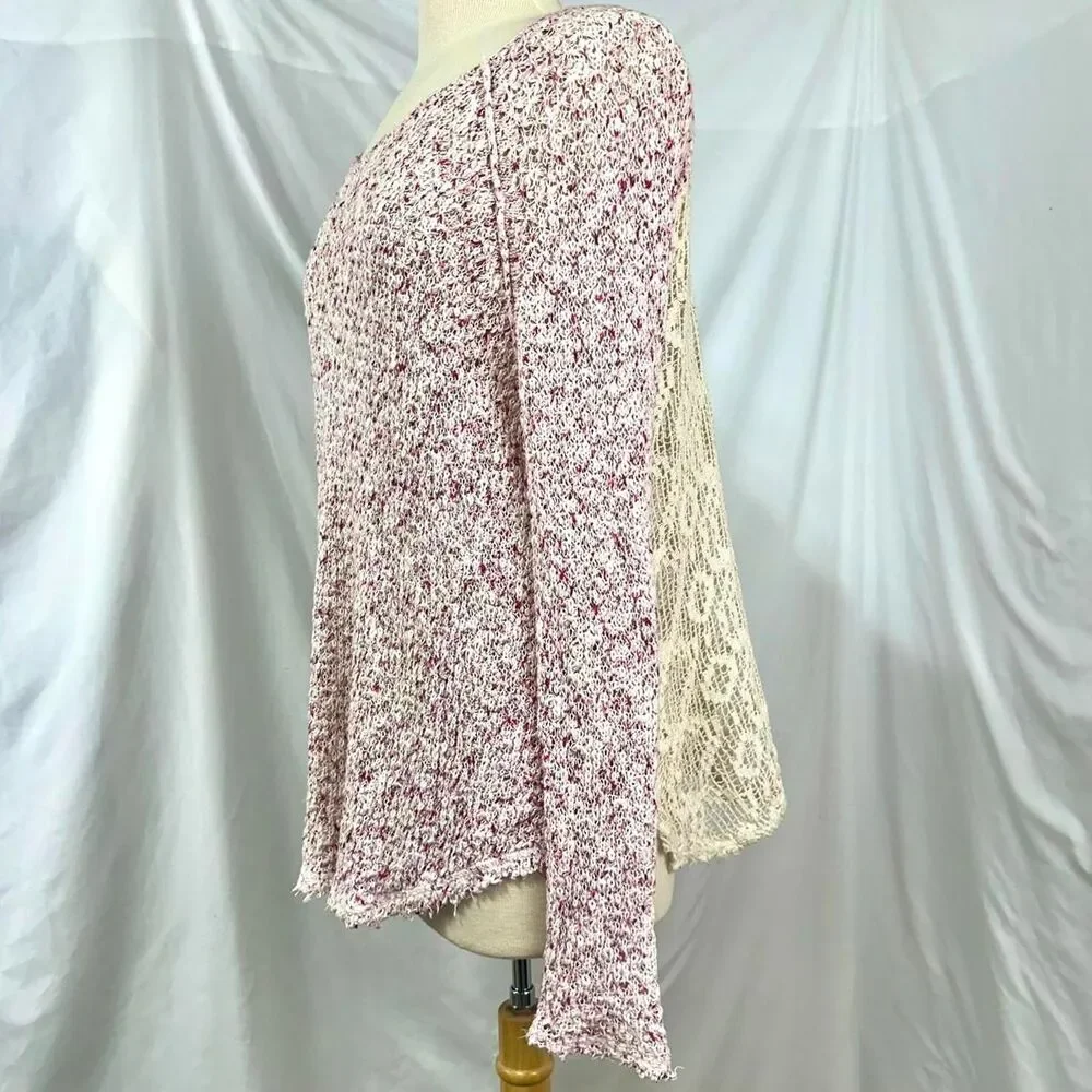 FREE PEOPLE Marled Pink White Textured Loose Knit  Swing Sweater Women XS Beachy